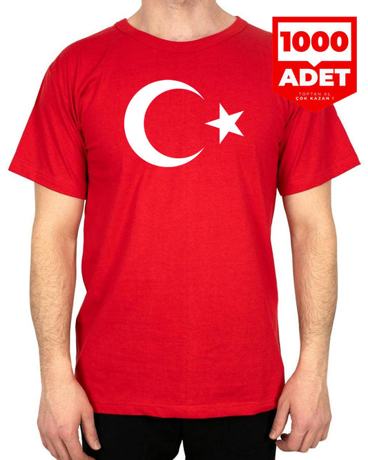 Ay Yıldız Baskılı Kırmızı Promosyon Tişört - 1000 Adet - Tek Renk Baskı