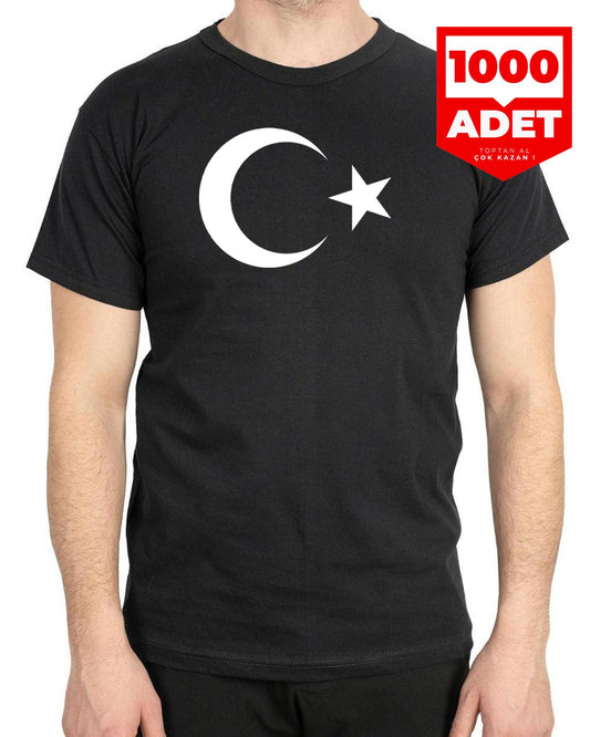 Ay Yıldız Baskılı Siyah Promosyon Tişört - 1000 Adet - Tek Renk Baskı