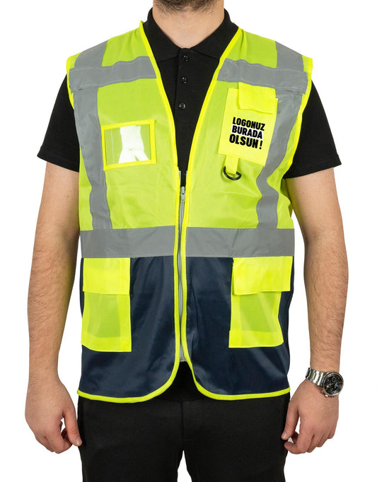 Reflektörlü - (Fosforlu) Mühendis İkaz Yeleği | Sarı Lacivert Hi-Vis (Özelleştirilebilir)