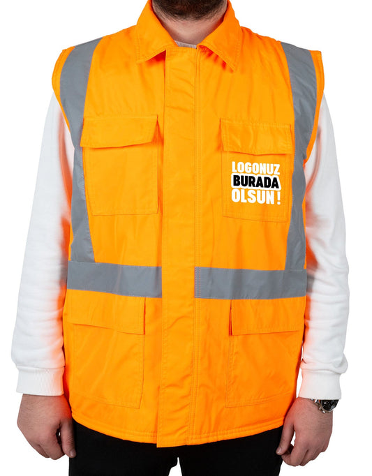 Reflektörlü (Fosforlu) Yelek - İçi Kapitoneli | Turuncu | Yüksek Görünürlük (Özelleştirilebilir)