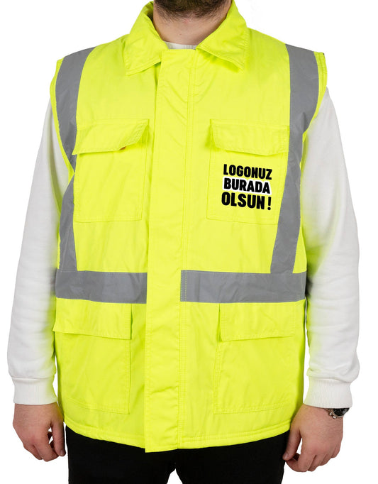 Reflektörlü (Fosforlu) Yelek - İçi Kapitoneli | Sarı (Özelleştirilebilir)