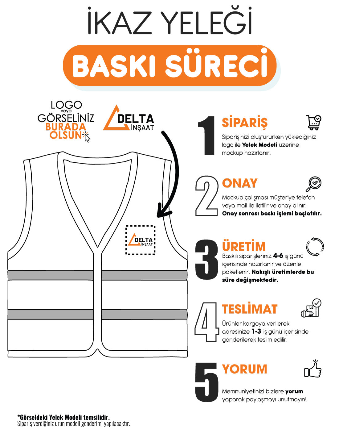 Reflektörlü - (Fosforlu)  Mühendis Yeleği Turuncu  - Logo Baskılı