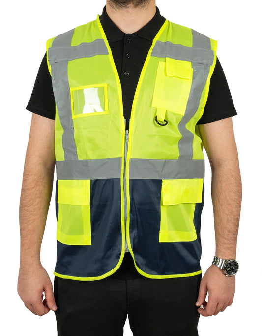 Reflektörlü (Fosforlu) Mühendis İkaz Yeleği | Sarı Lacivert Hi-Vis