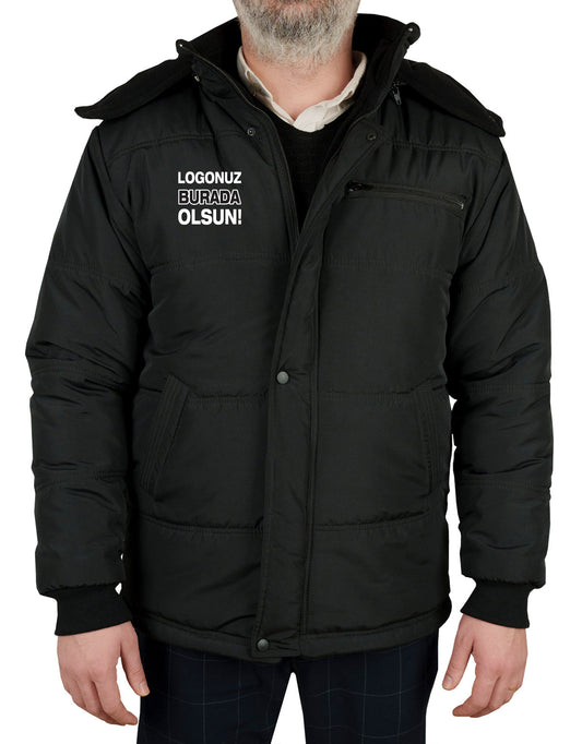 Kapüşonlu İçi Polar Şişme Mont -Siyah (Özelleştirilebilir)
