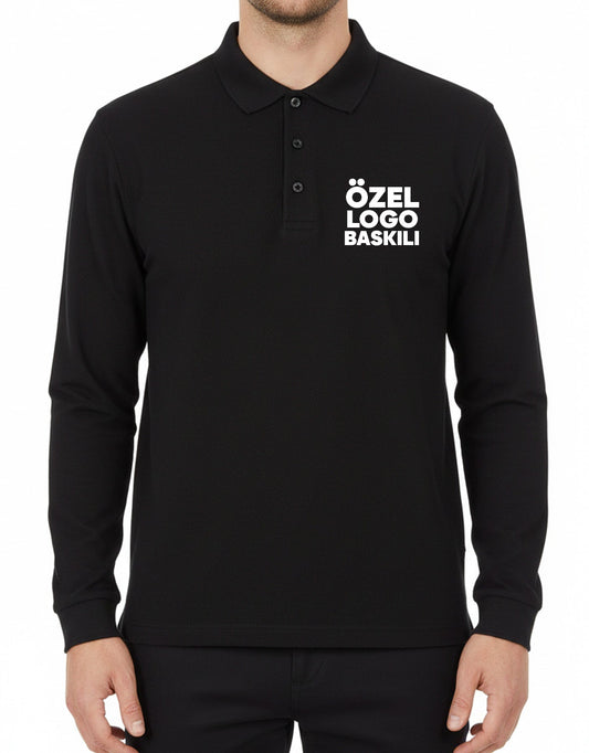 Siyah logo baskılı uzun kollu polo yaka tişört toptan
