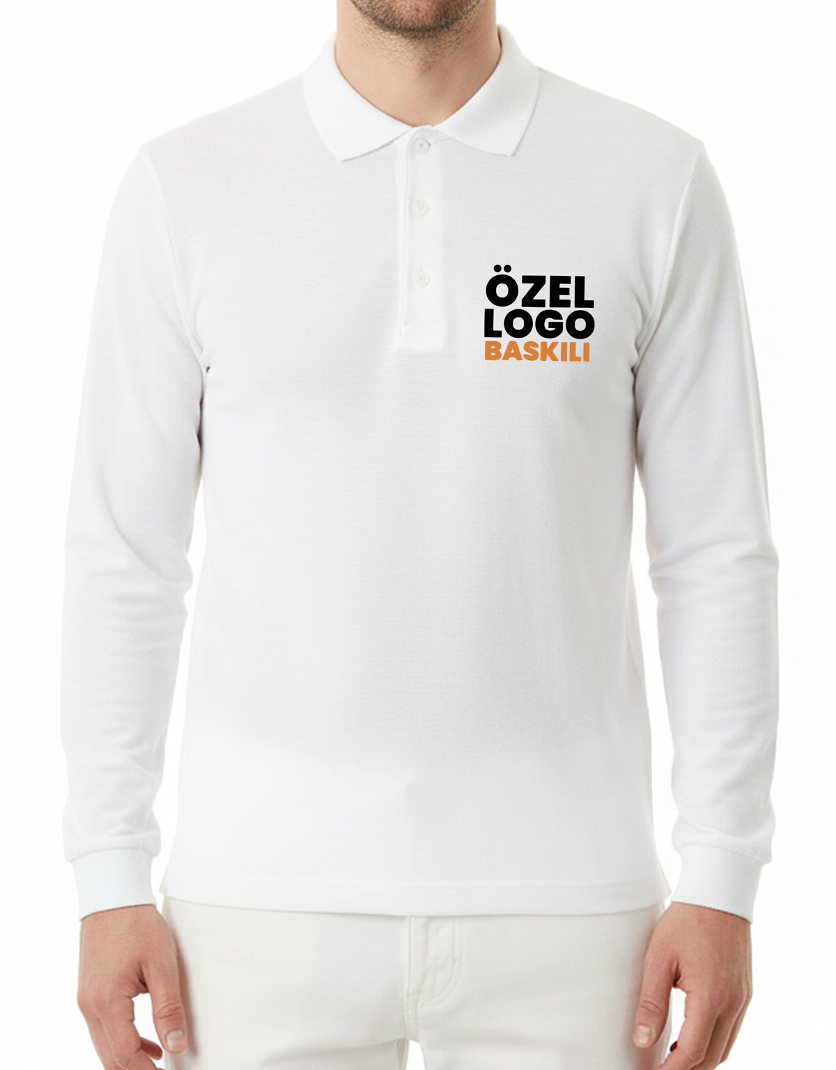 Baskılı Polo Yaka Uzun Kol Beyaz Tişört