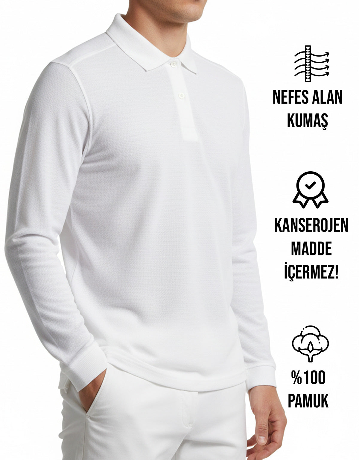 Baskılı Polo Yaka Uzun Kol Beyaz Tişört