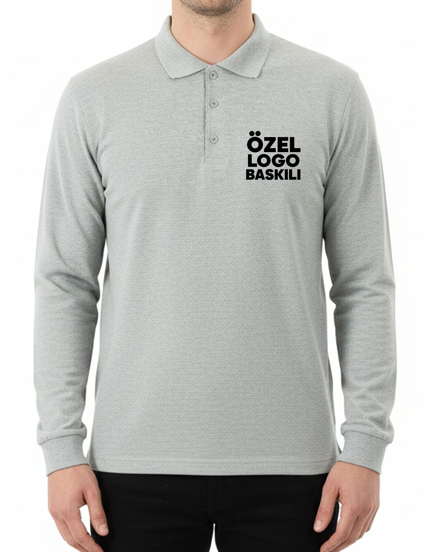 Gri logo baskılı uzun kollu polo yaka tişört toptan