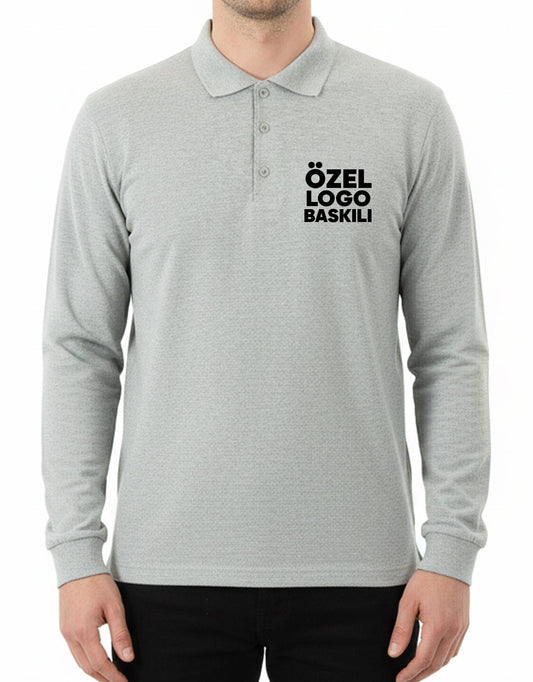Gri logo baskılı uzun kollu polo yaka tişört toptan