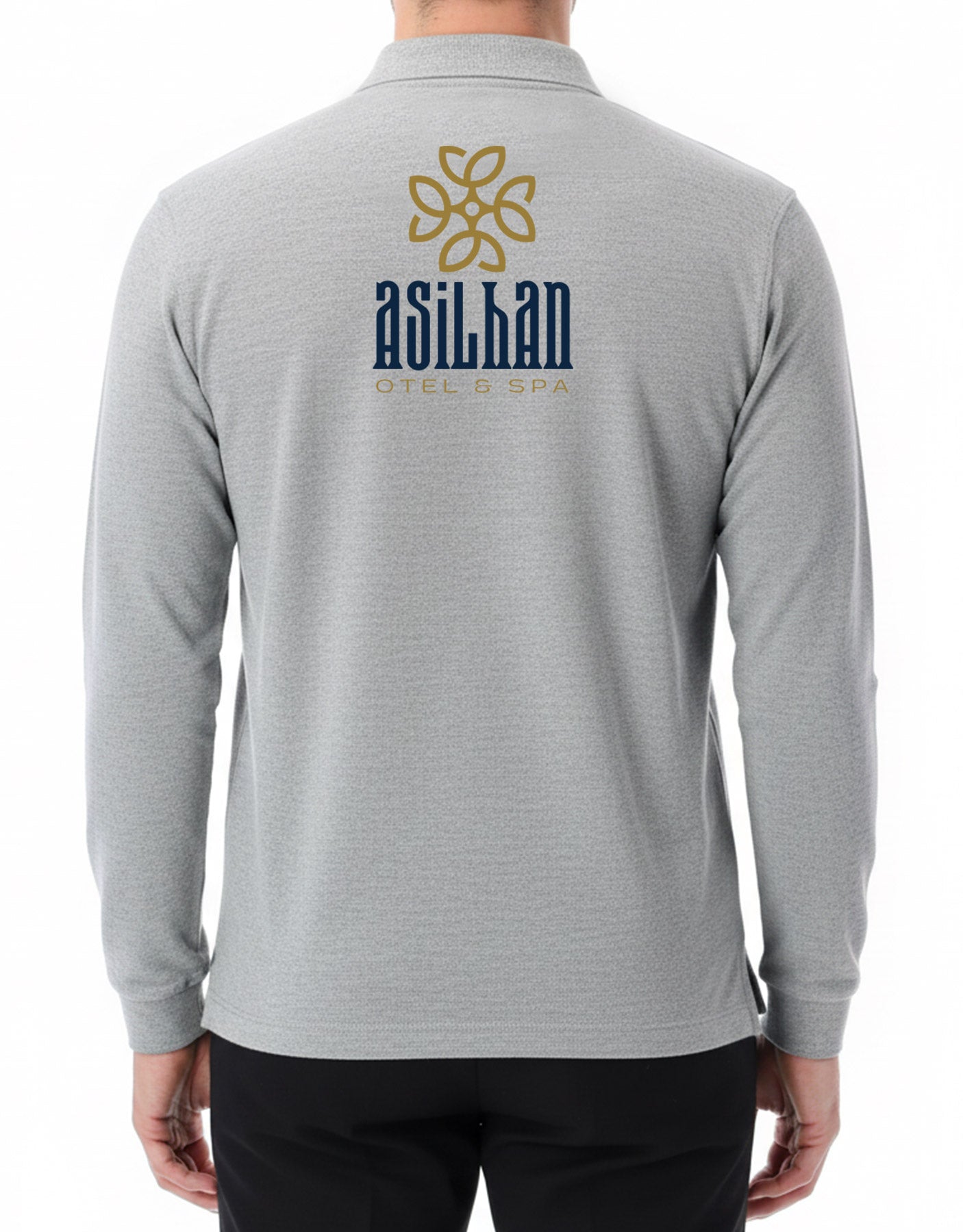 Gri logo baskılı polo yaka uzun kollu tişört erkek