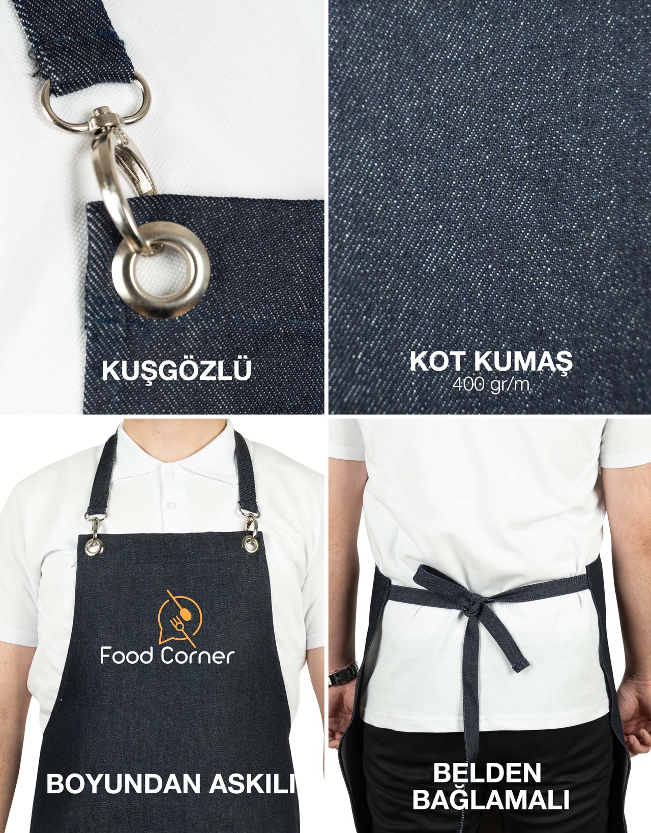 MasterChef Mutfak Önlüğü - Koyu Mavi Denim Kumaş (Özelleştirilebilir)