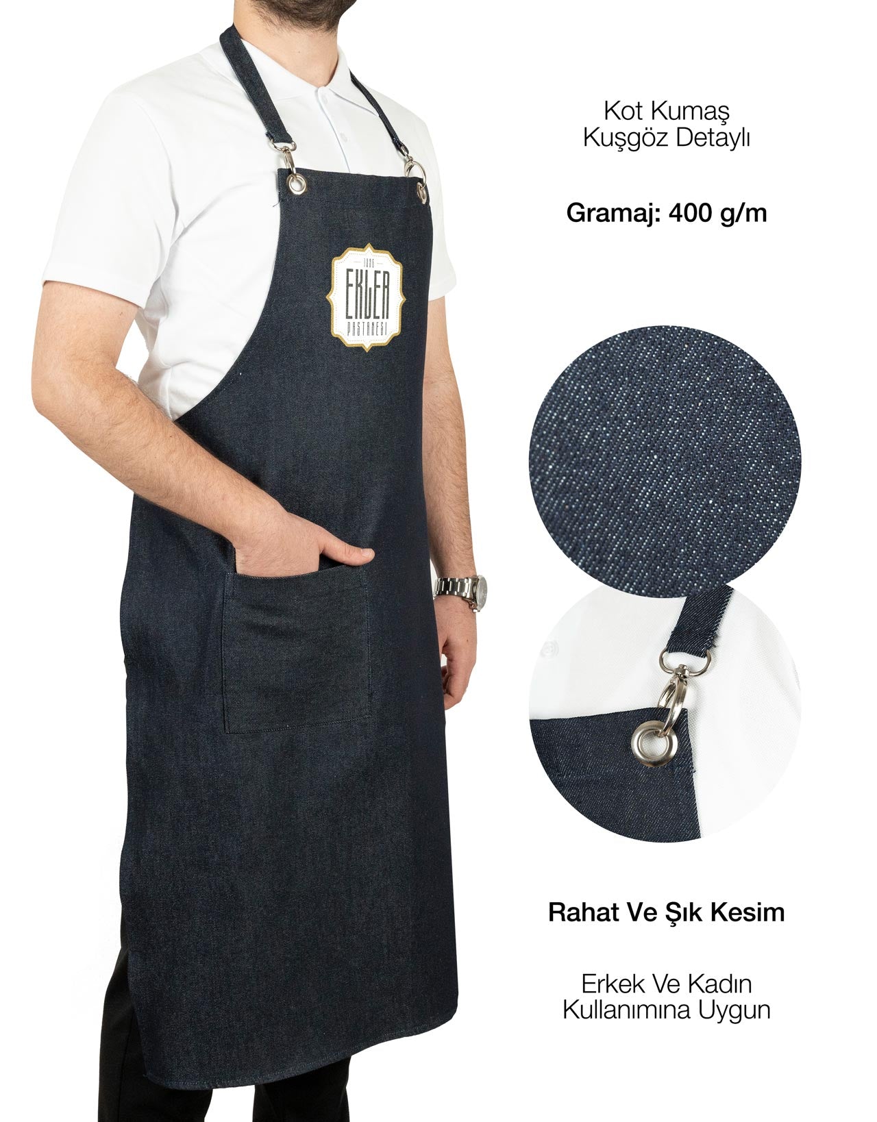 MasterChef Mutfak Önlüğü - Koyu Mavi Denim Kumaş (Özelleştirilebilir)