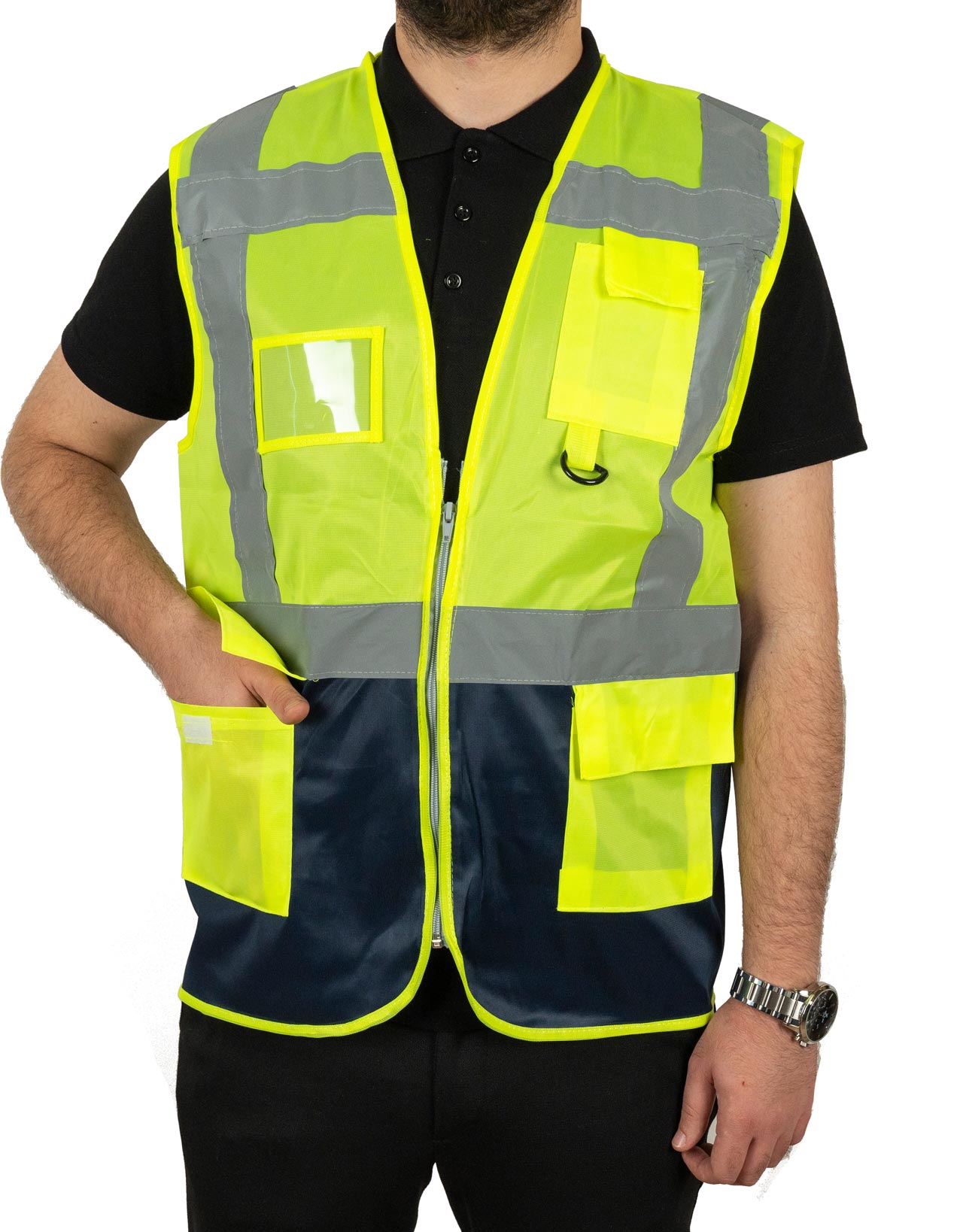 Reflektörlü Mühendis İkaz Yeleği | Sarı Lacivert Hi-Vis