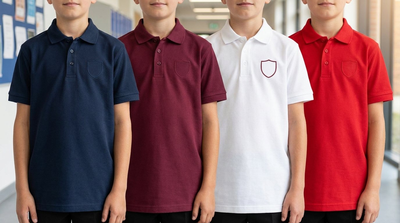 Okul forması: lacivert, bordo, beyaz ve kırmızı polo yaka tişört giyen öğrenciler