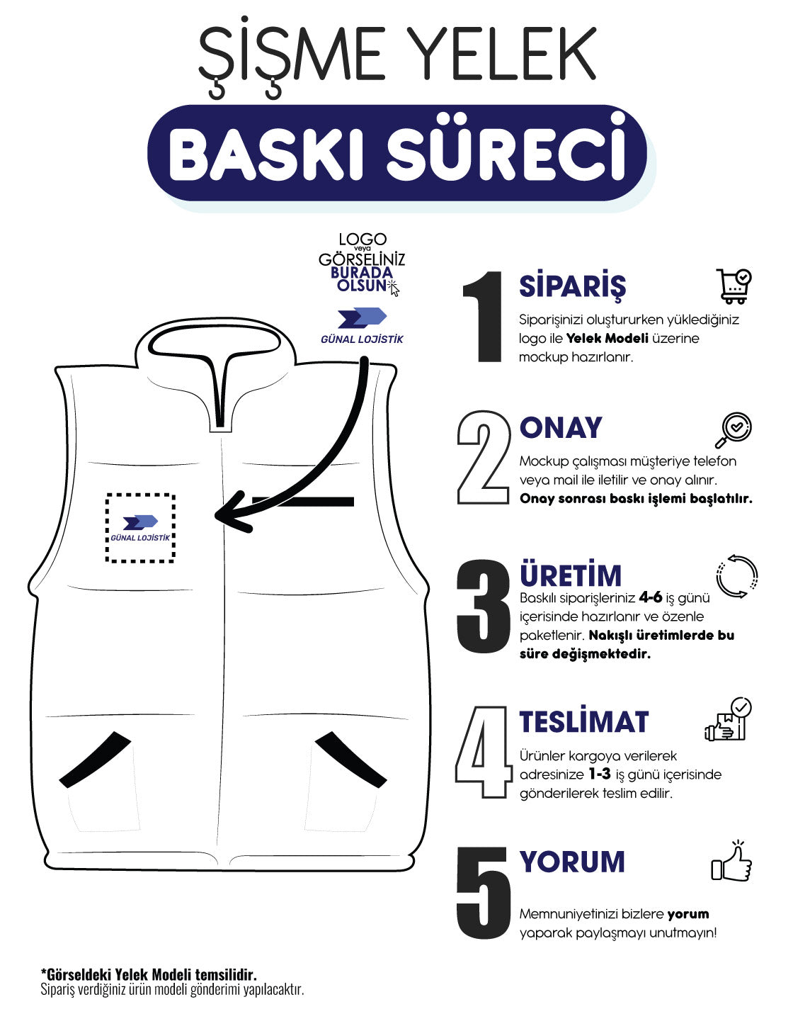 Baskılı Yelek - İçi Polar Siyah