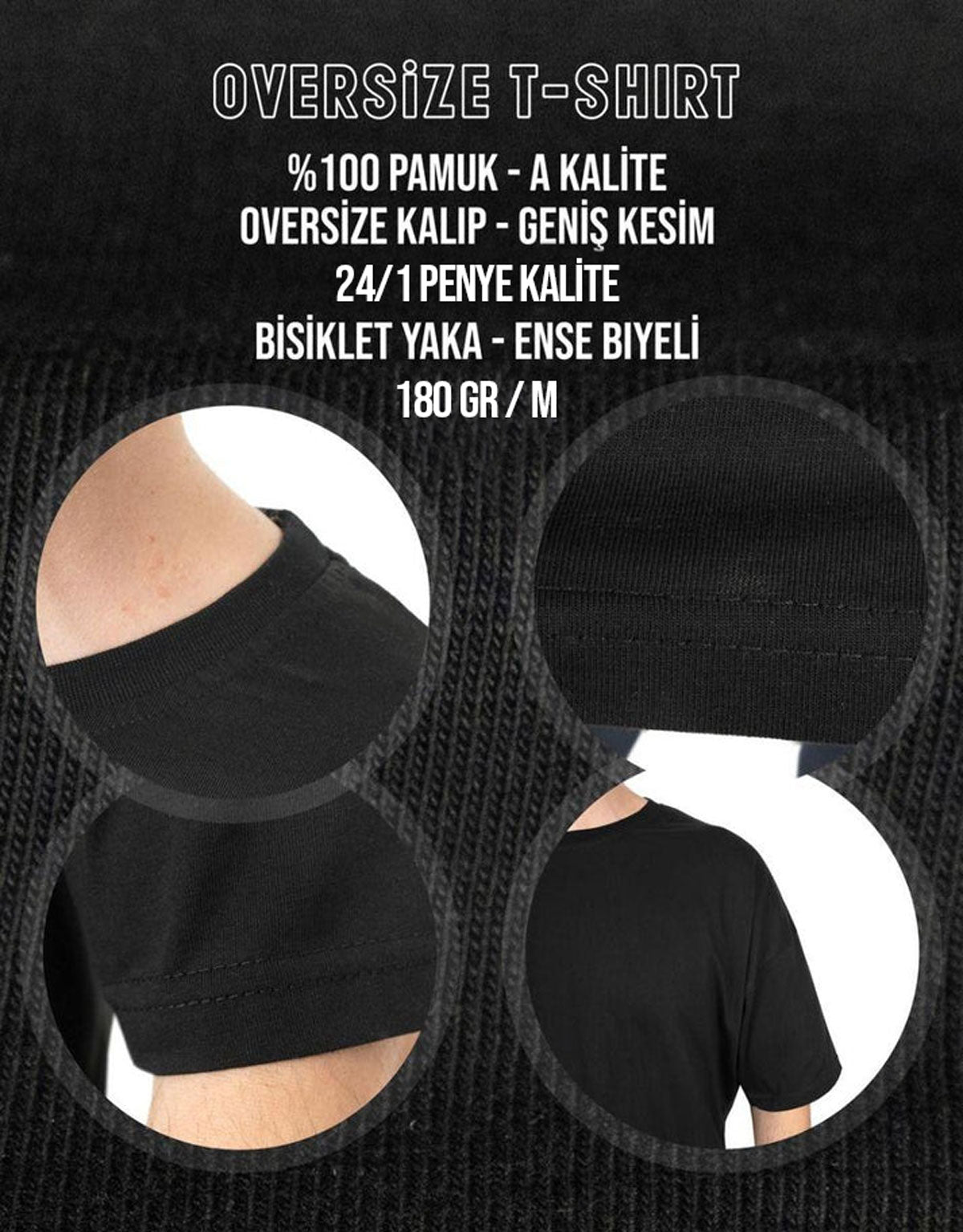 Oversize Bisiklet Yaka Baskısız Tişört Siyah