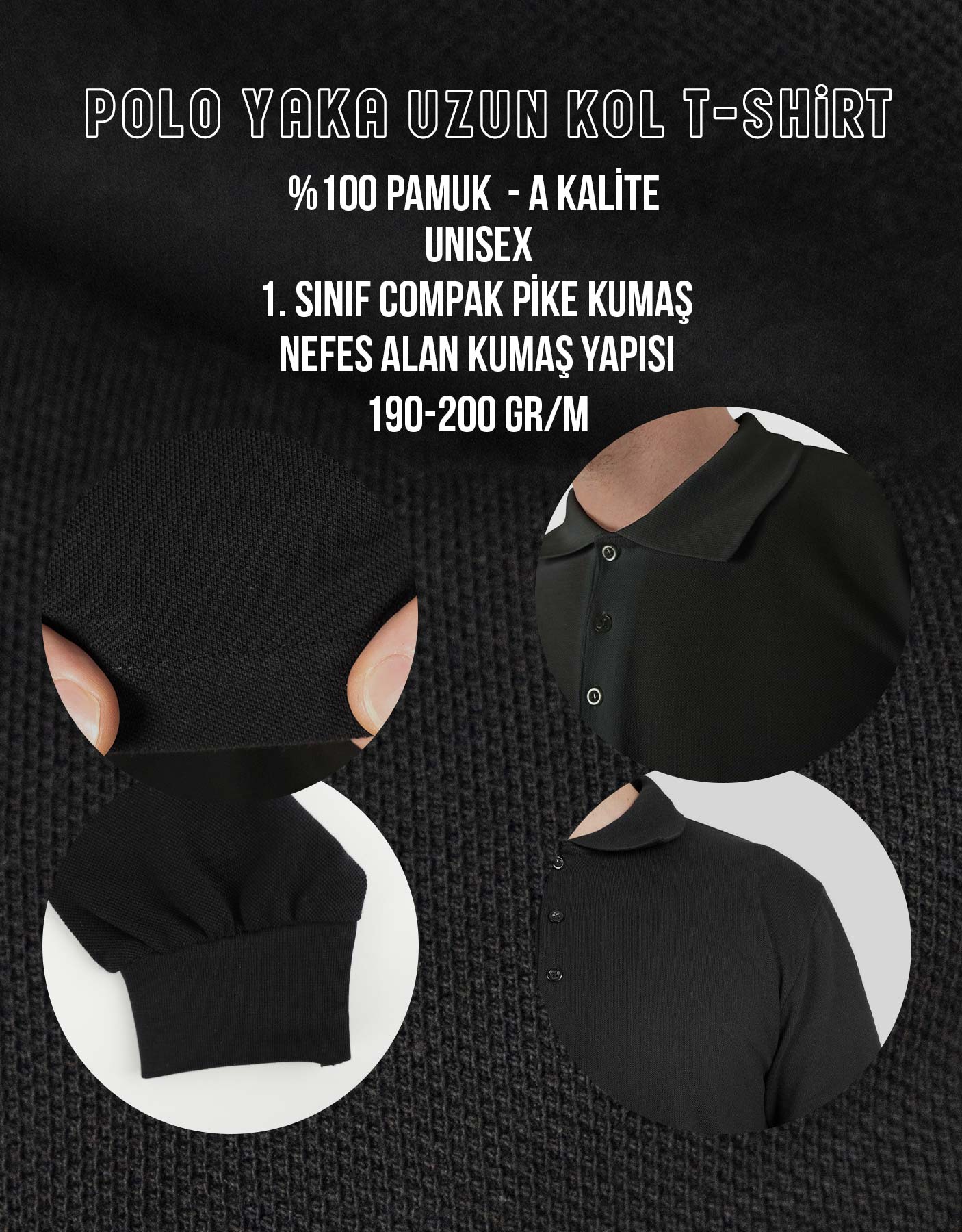 Kurumsal siyah polo yaka uzun kollu iş tişörtü