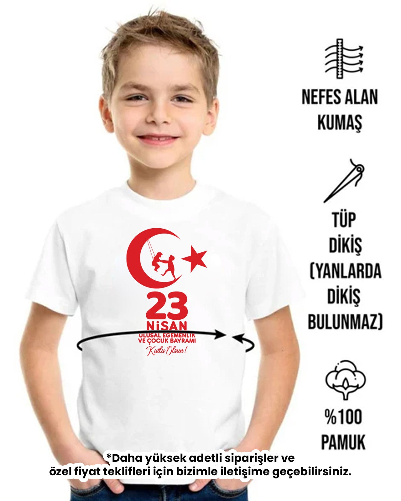 23 Nisan Baskılı Promosyon Çocuk Tişört - 1000 Adet - Beyaz - Tek Renk Baskı